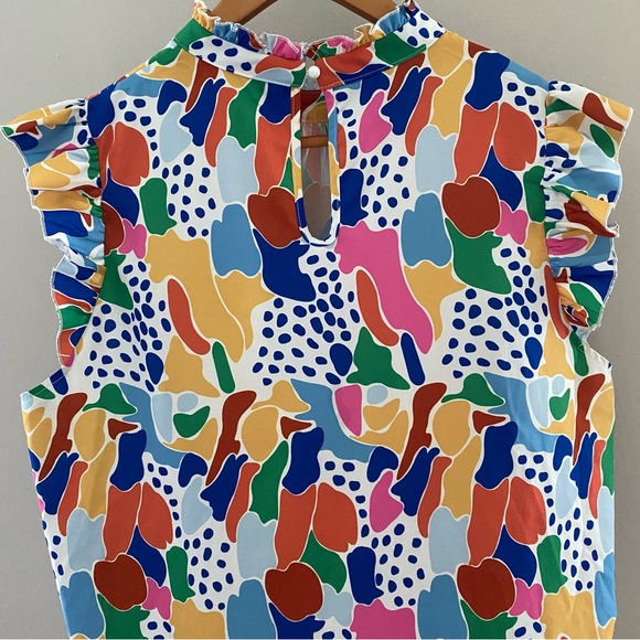 Multicolor Abstract Print Ruffle Sleeve Geometric Fun Statement Top - Picture 5 of 6